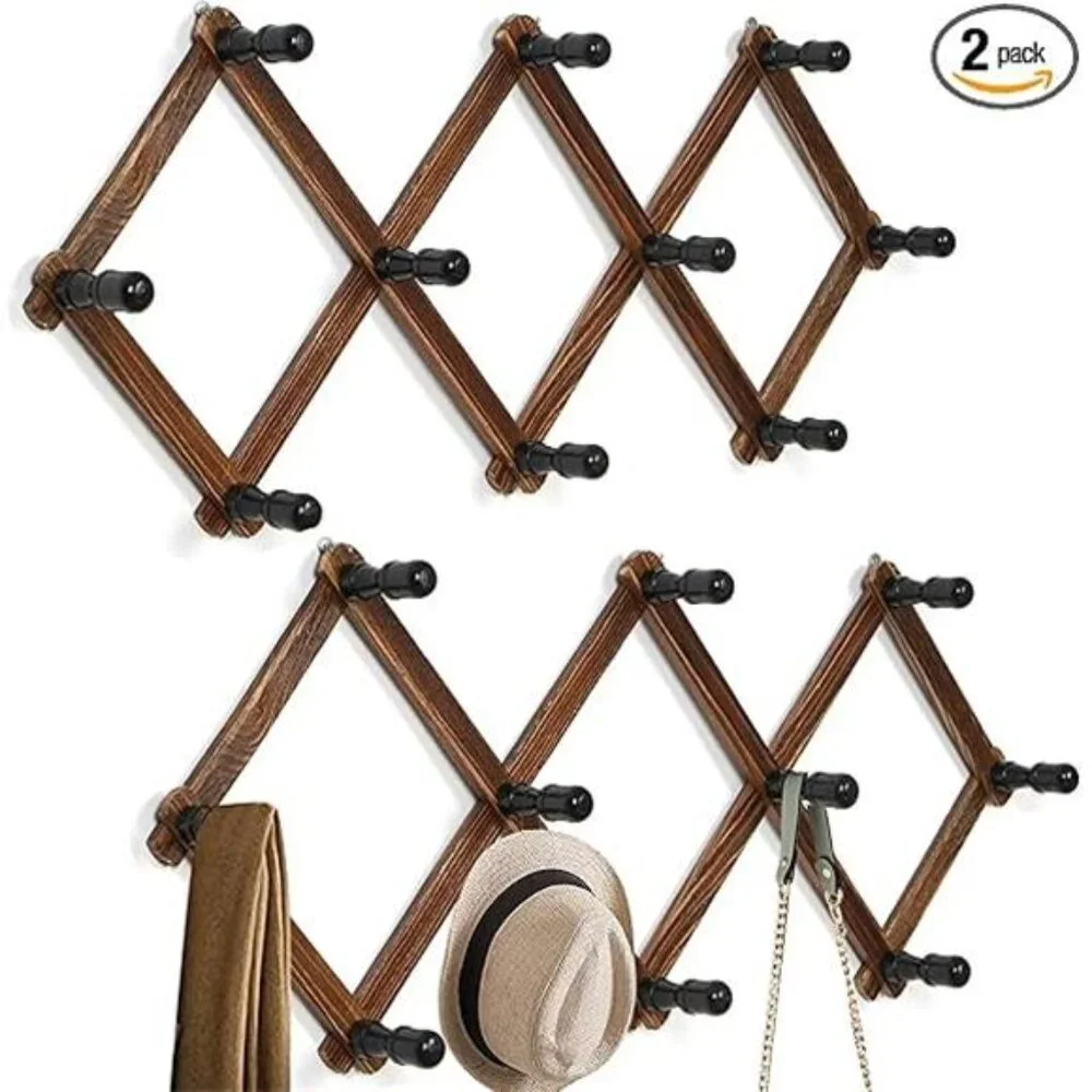 Expandable Brown Wood Wall Rack with Black Pegs - Versatile Coat & Hat Organizer